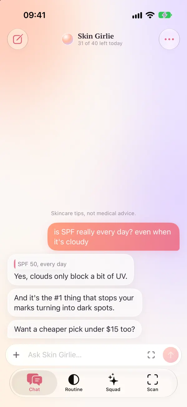 The Skin Girlie chat: someone asks if SPF is really needed every day, even when it's cloudy, and gets a short, friendly answer.