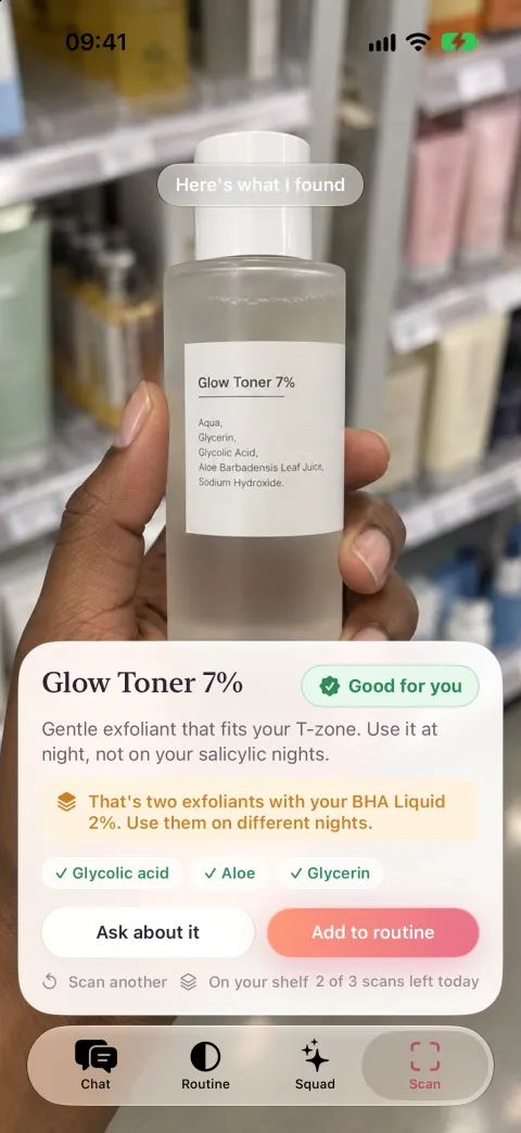 A scanned toner marked Good for you, with a heads-up that it's a second exfoliant alongside a BHA already on the shelf.