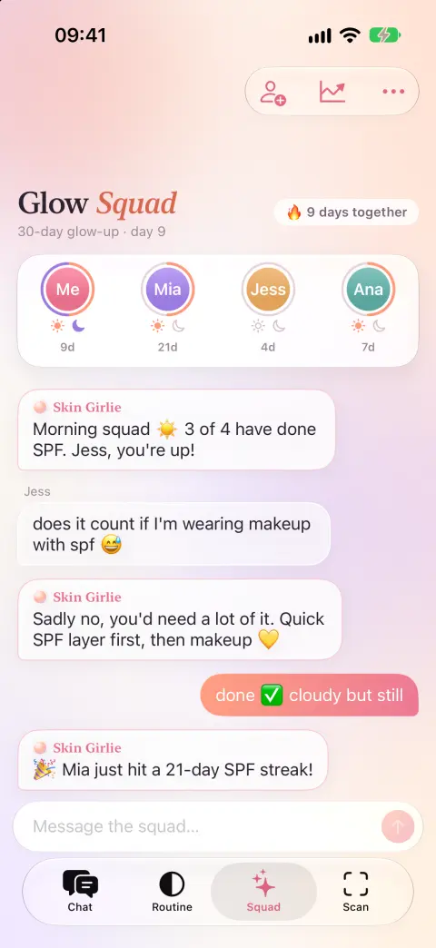 A Glow Squad of four friends sharing morning and night streaks and cheering each other on.